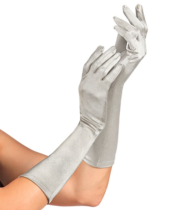 Silver Satin Elastane Gloves 40 Cm