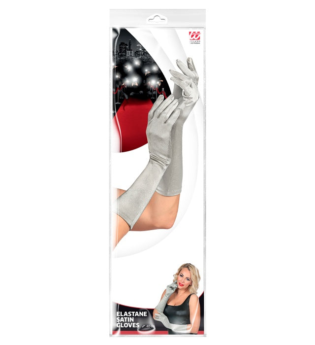 Silver Satin Elastane Gloves 40 Cm
