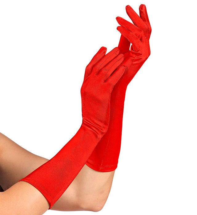 Red Satin Elastane Gloves 40 Cm
