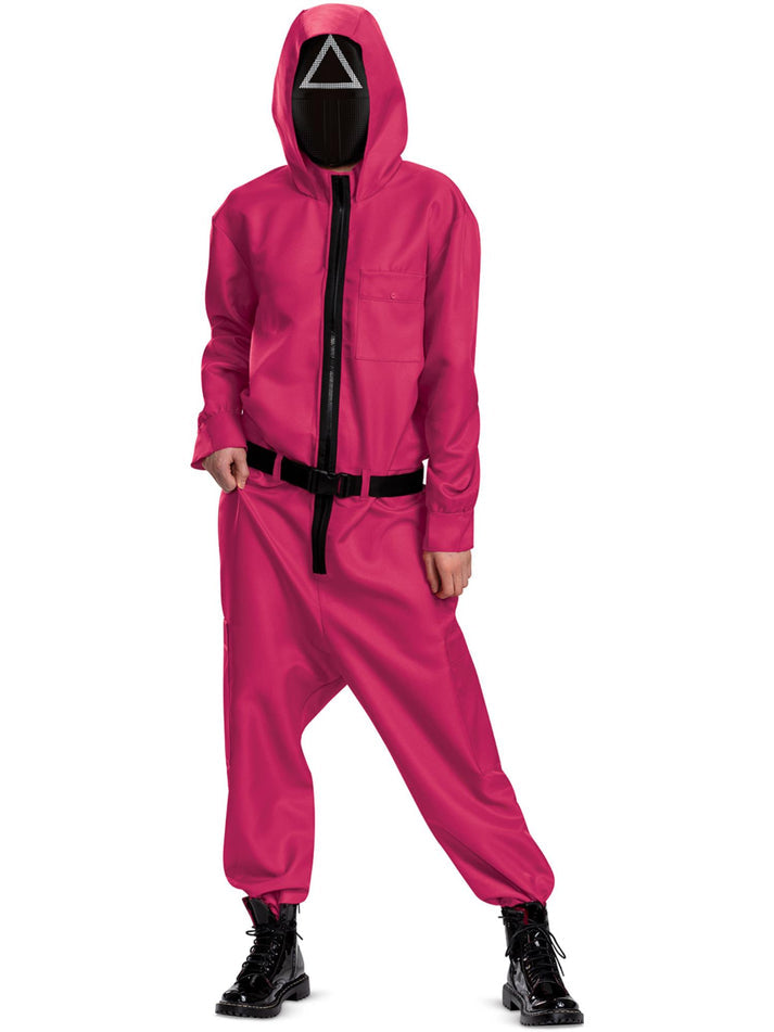 Netflix Squid Game Triangle Guard Costume Adult Pink Jumpsuit Black Belt and Mask 4