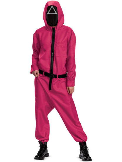 Netflix Squid Game Triangle Guard Costume Adult Pink Jumpsuit Black Belt and Mask 4