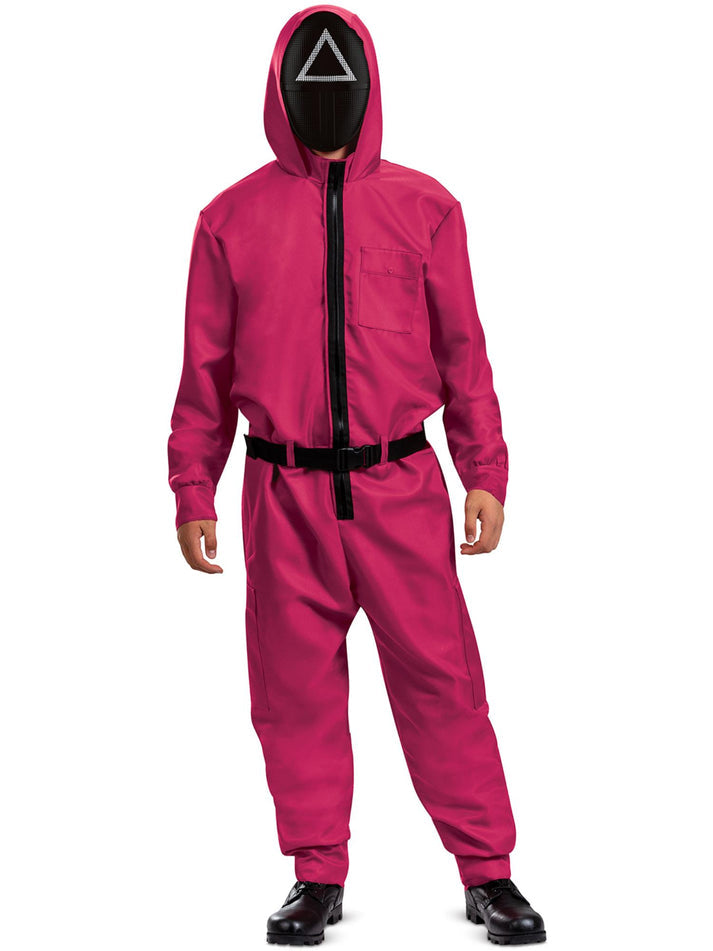Netflix Squid Game Triangle Guard Costume Adult Pink Jumpsuit Black Belt and Mask 3