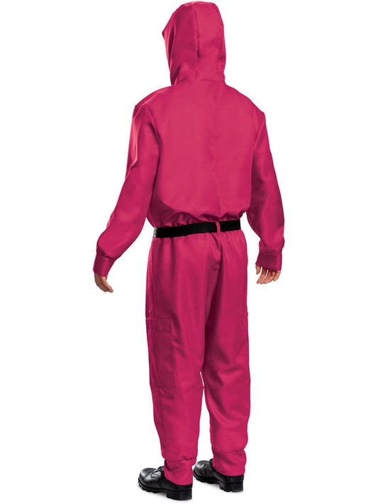 Netflix Squid Game Triangle Guard Costume Adult Pink Jumpsuit Black Belt and Mask 2