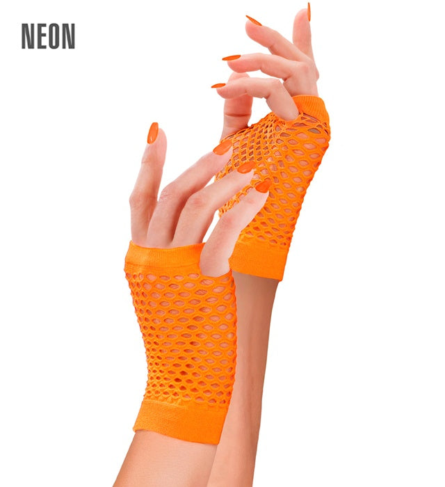 Neon Orange Fingerless Fishnet Gloves