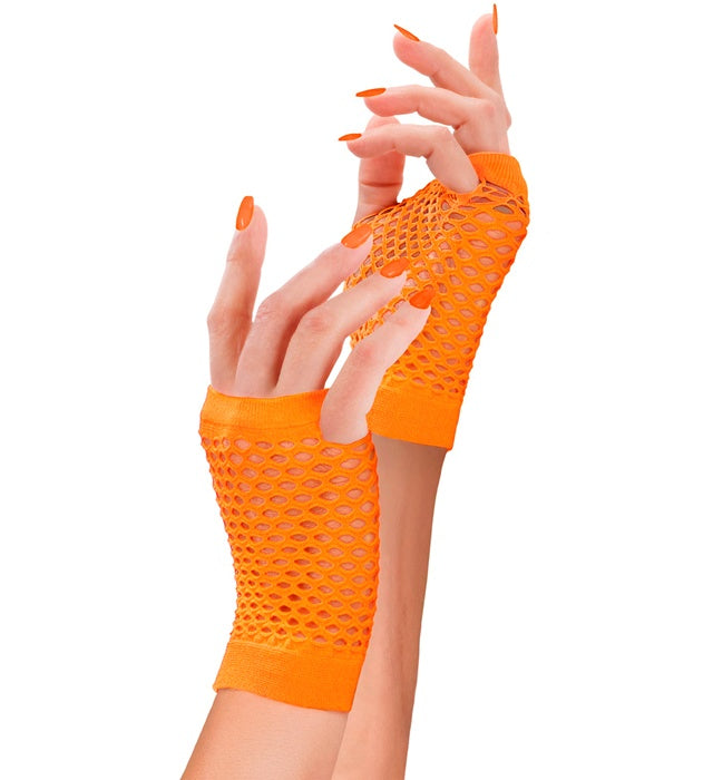 Neon Orange Fingerless Fishnet Gloves