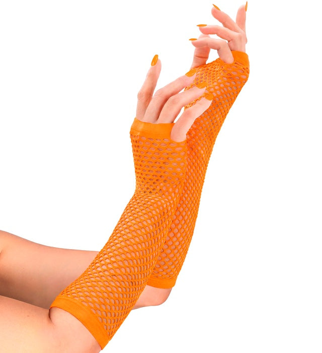 Neon Orange Fingerless Fishnet Gloves 33 Cm