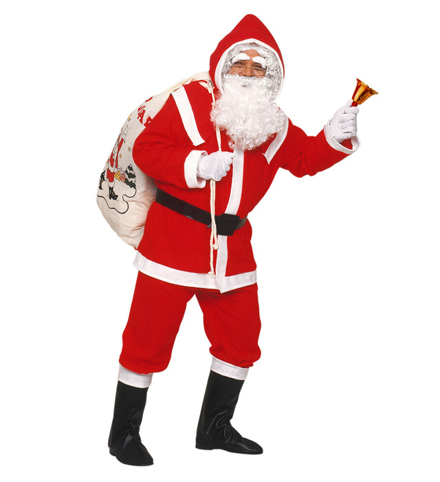 Deluxe Santa Claus Flannel  Jacket, Pants, Belt, Hood, Boot Covers, Wig, Beard With Moustache And Eyebrows 
