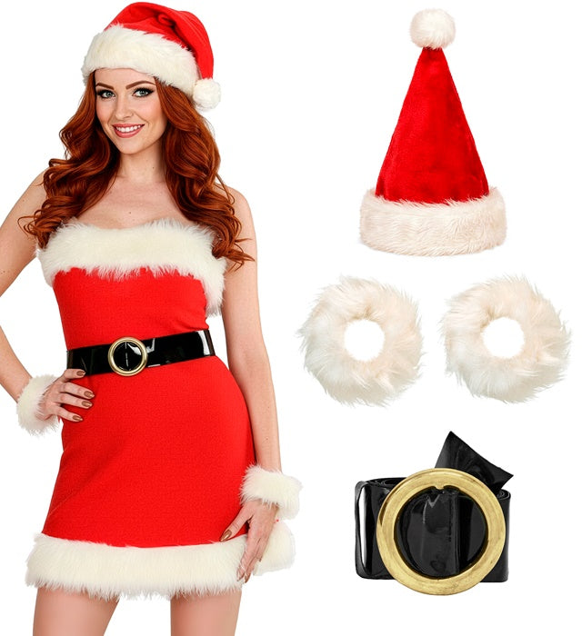 Miss Santa Flannel  Dress, Belt, Hat, Plush Cuffs 