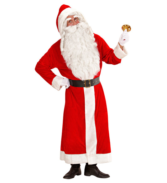 Super Deluxe Santa Claus Velvet Hooded Coat With Plush Trim, Belt With Buckle