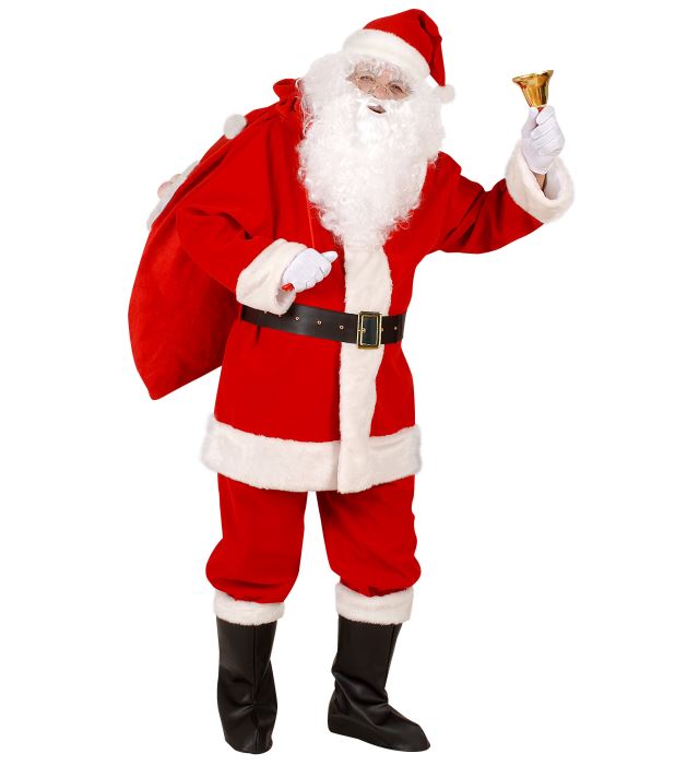 Professional Santa Claus  Jacket, Pants, Belt, Boot Covers & Hat With Plush Trim  In Window Box