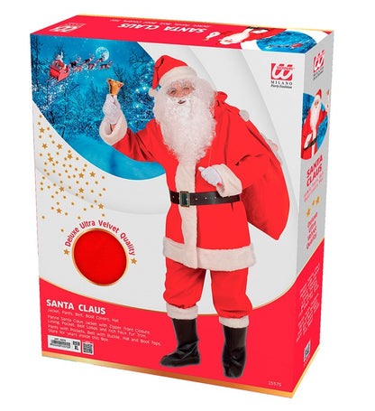 Professional Santa Claus  Jacket, Pants, Belt, Boot Covers & Hat With Plush Trim  In Window Box