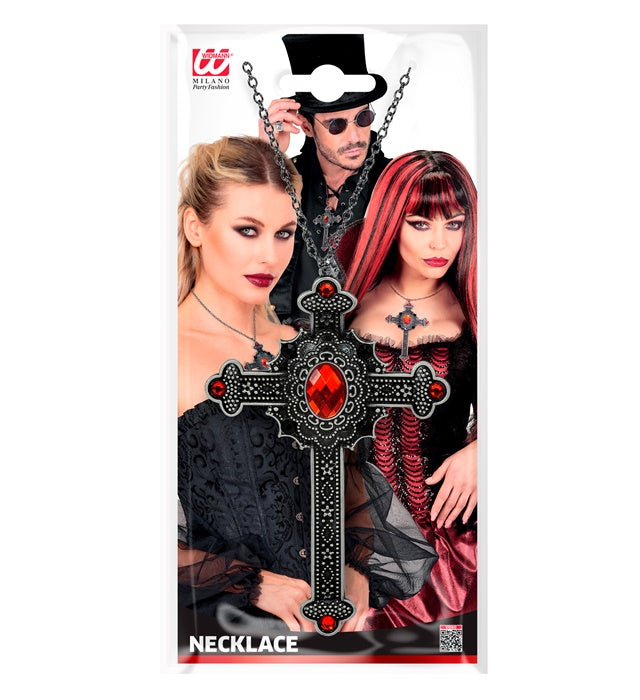Necklace Cross Gothic Red Gemstones 