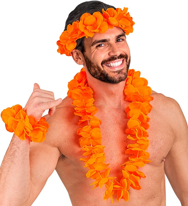 Orange Hawaiian Set  Lei, Crown, Bracelet 