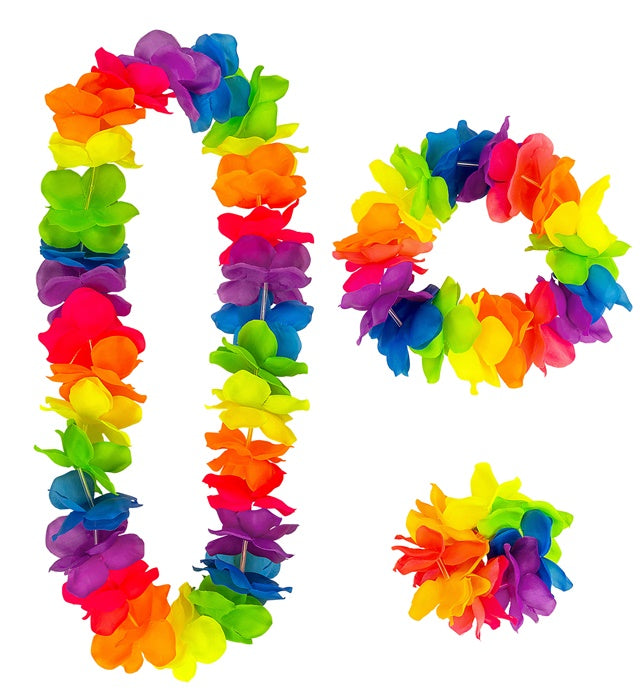 Multicolor Hawaiian Set  Lei, Crown, Bracelet 
