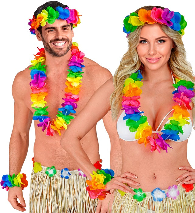 Multicolor Hawaiian Set  Lei, Crown, Bracelet 