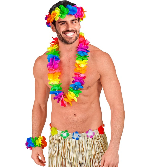 Multicolor Hawaiian Set  Lei, Crown, Bracelet 