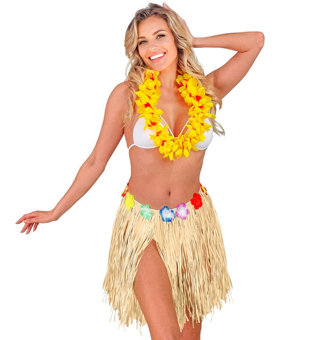 Straw Hula Miniskirt With Flower Belt 40 Cm - Adjustable Size