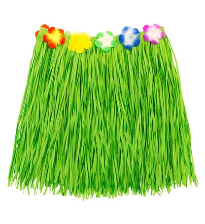 Green Straw Hula Miniskirt With Flower Belt 40 Cm - Adjustable Size