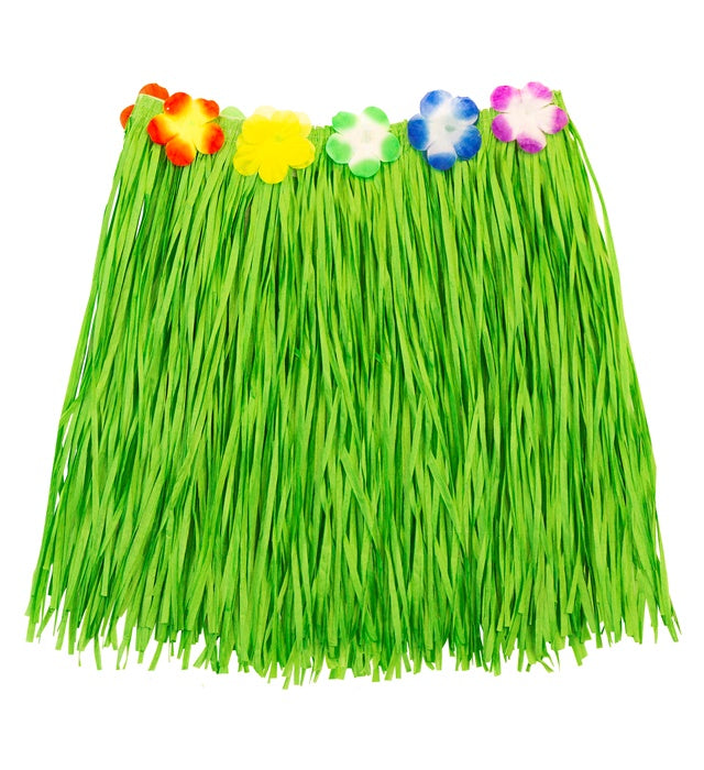 Green Straw Hula Miniskirt With Flower Belt 40 Cm - Adjustable Size