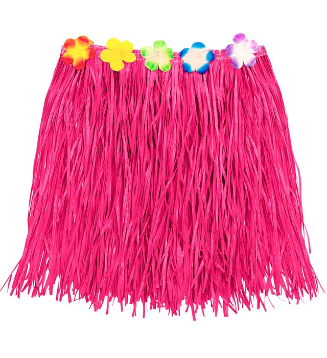 Pink Straw Hula Miniskirt With Flower Belt 40 Cm - Adjustable Size