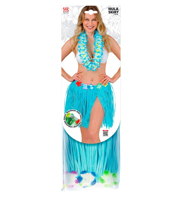 Azure Straw Hula Miniskirt With Flower Belt 40 Cm - Adjustable Size