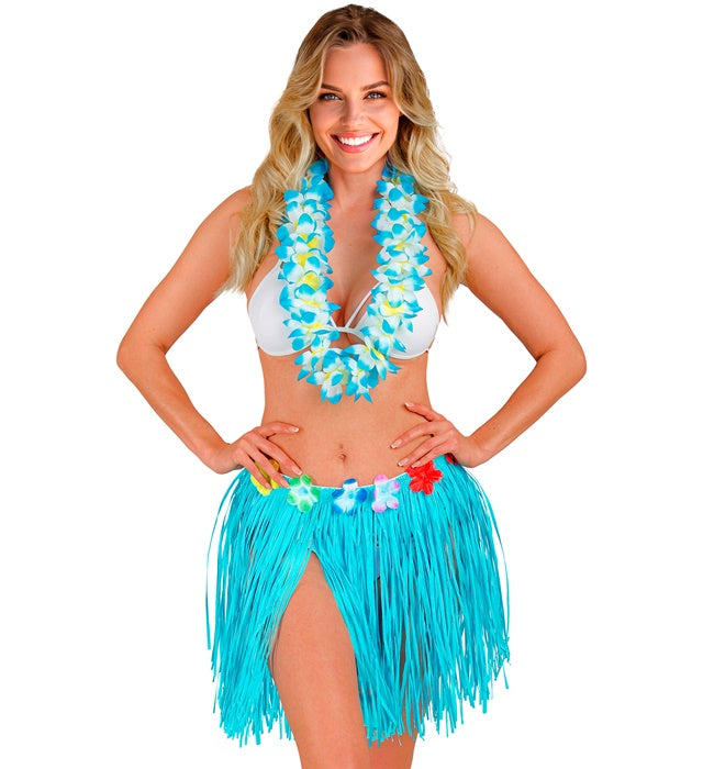 Azure Straw Hula Miniskirt With Flower Belt 40 Cm - Adjustable Size