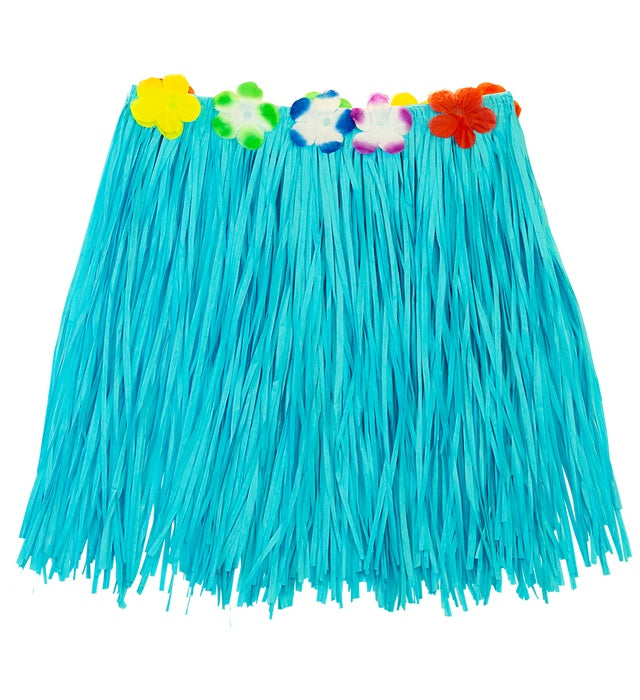 Azure Straw Hula Miniskirt With Flower Belt 40 Cm - Adjustable Size