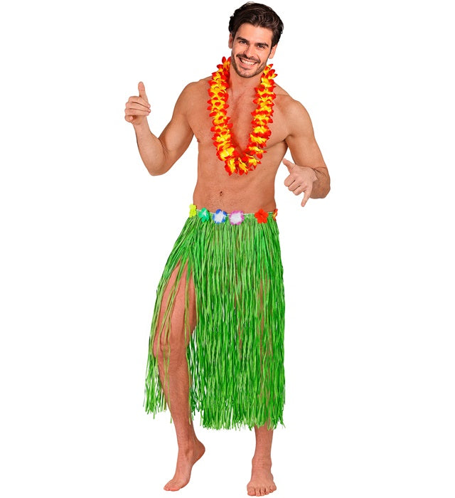 Green Straw Hula Skirt With Flower Belt 80 Cm - Adjustable Size