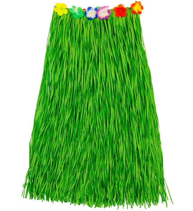 Green Straw Hula Skirt With Flower Belt 80 Cm - Adjustable Size