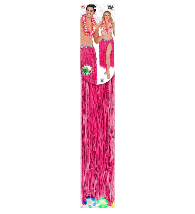 Pink Straw Hula Skirt With Flower Belt 80 Cm - Adjustable Size