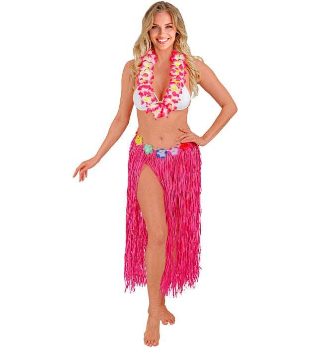 Pink Straw Hula Skirt With Flower Belt 80 Cm - Adjustable Size