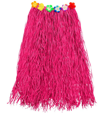 Pink Straw Hula Skirt With Flower Belt 80 Cm - Adjustable Size