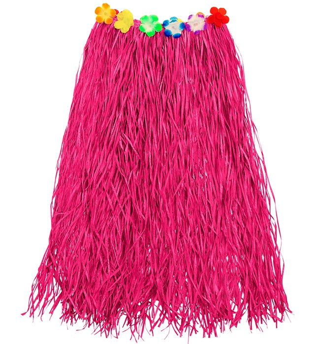 Pink Straw Hula Skirt With Flower Belt 80 Cm - Adjustable Size