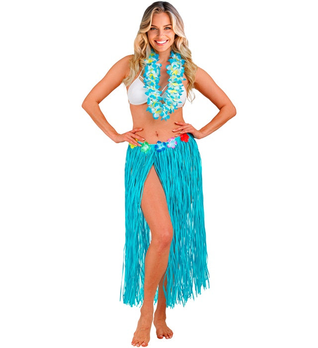 Azure Straw Hula Skirt With Flower Belt 80 Cm - Adjustable Size