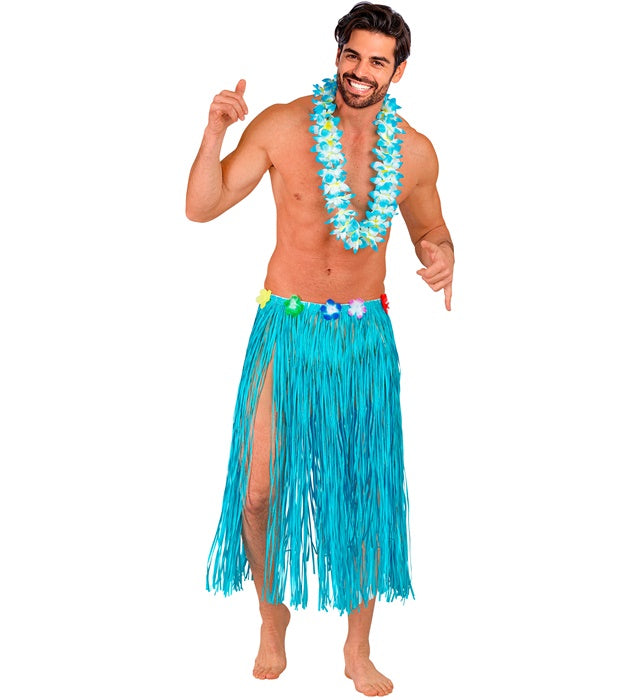 Azure Straw Hula Skirt With Flower Belt 80 Cm - Adjustable Size