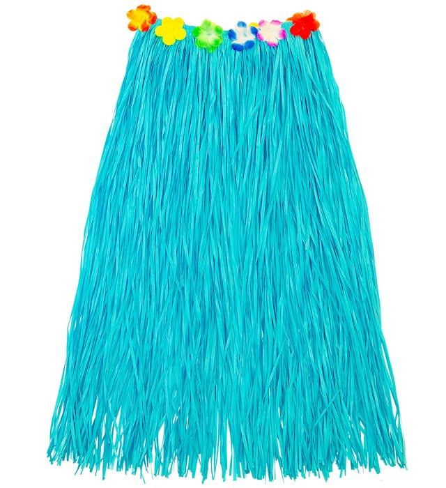 Azure Straw Hula Skirt With Flower Belt 80 Cm - Adjustable Size