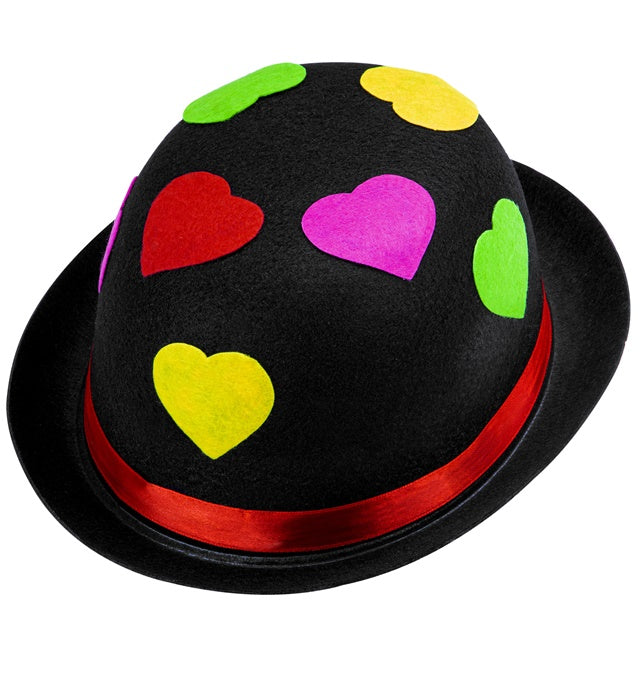 Black Bowler Hat With Hearts Felt