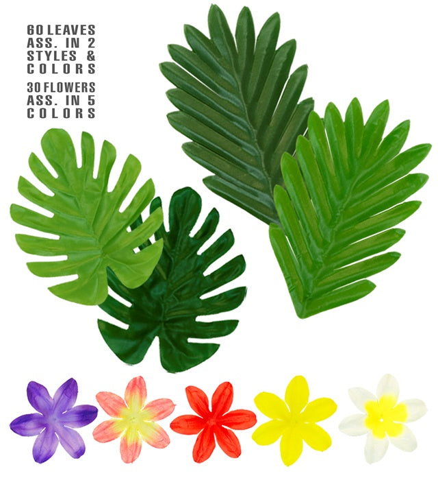 Hawaiian Table Decoration Set  60 Leaves Ass. In 2 Styles & Colors + 30 Flowers Ass. In 5 Colors 