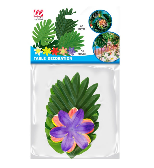 Hawaiian Table Decoration Set  60 Leaves Ass. In 2 Styles &amp; Colors + 30 Flowers Ass. In 5 Colors 