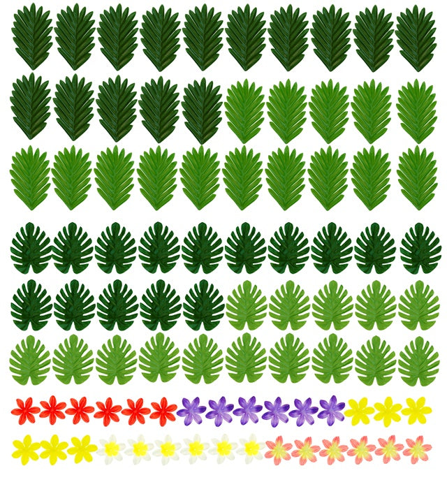 Hawaiian Table Decoration Set  60 Leaves Ass. In 2 Styles &amp; Colors + 30 Flowers Ass. In 5 Colors 