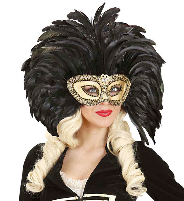 Gold Trimmed Eyemasks With Gem & Feathers