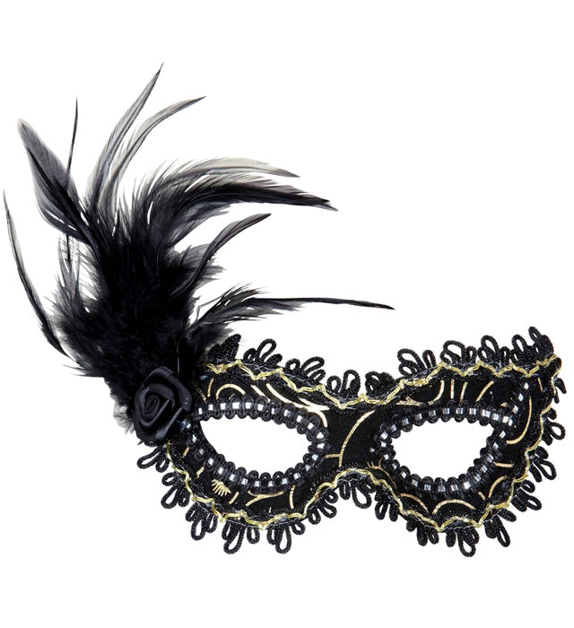 Black Eyemasks With Rose, Feathers & Gold Accents