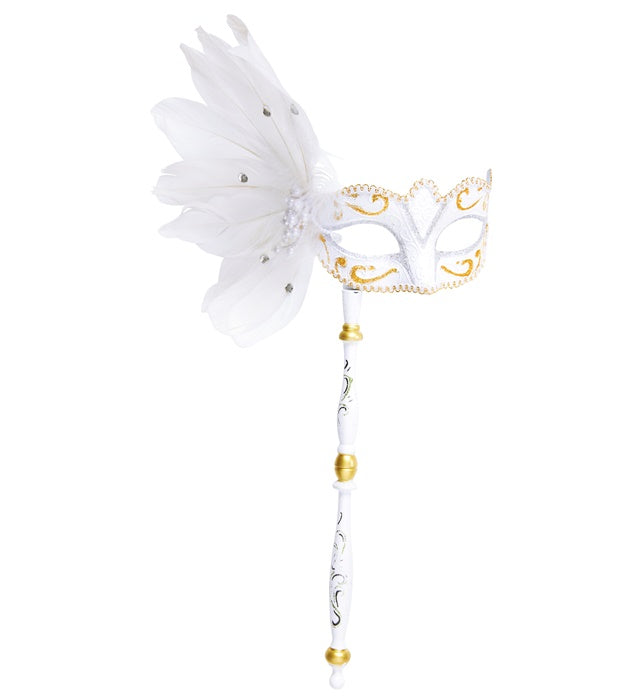 White Eyemasks On A Stick With Feathers & Silver/Gold Accents