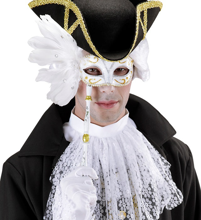 White Eyemasks On A Stick With Feathers & Silver/Gold Accents