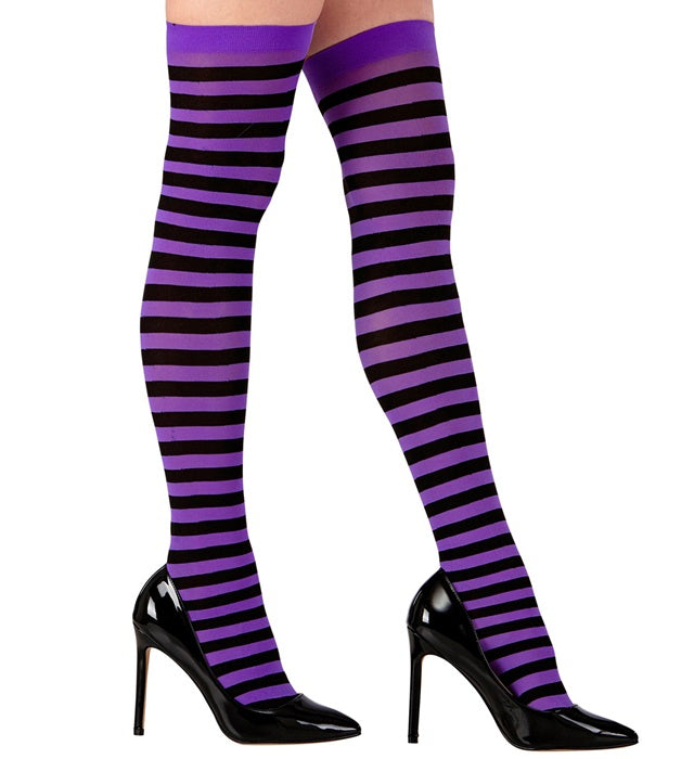 Neon Purple Striped Thigh Highs 70 Den