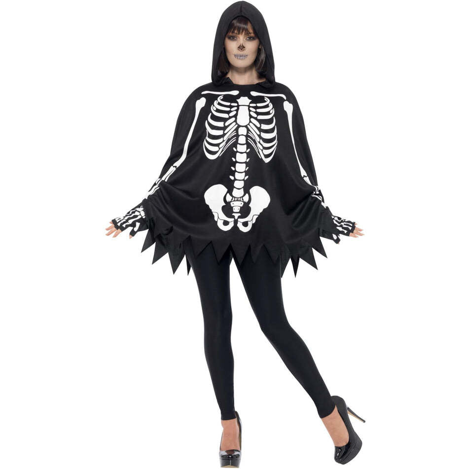 Skeleton Kit Unisex Adult Black Hooded Poncho and Fingerless Gloves 1