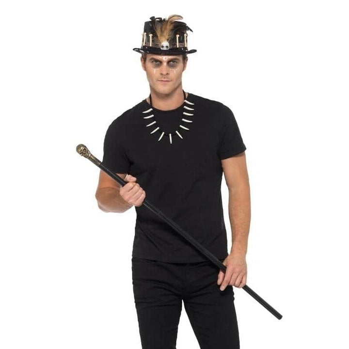Voodoo Kit with Feather Top Hat Adult Black Detachable Skull Cane Bone Necklace 1