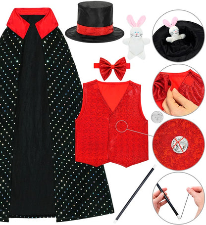 Magician  Vest, Bow Tie, Cape, Hat With Hidden Compartment, Magic Wand, Coin, Rabbit 