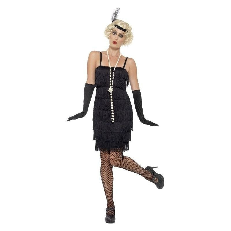1920s Flapper Costume Delighted Girl Adult Black Short Cocktail Dress Headband Gloves 1