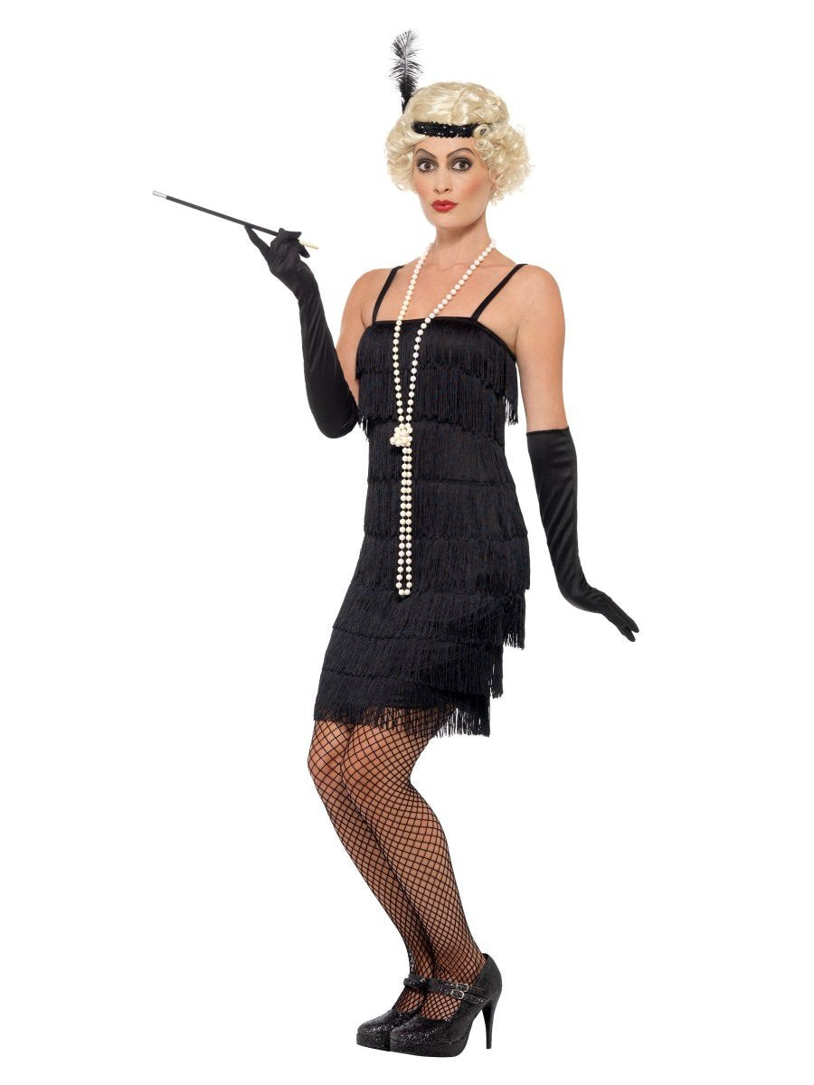 1920s Flapper Costume Delighted Girl Adult Black Short Cocktail Dress Headband Gloves 5